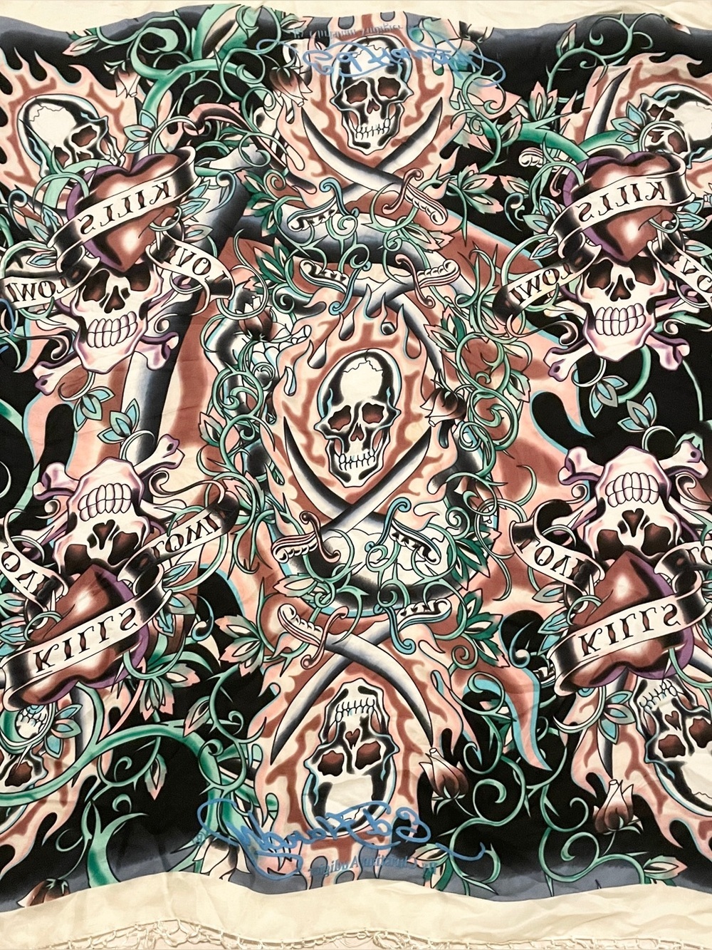 VTG Ed Hardy Christian Audigier Love Kills Slowly Fringe Silk Scarf Shawl - Picture 13 of 16